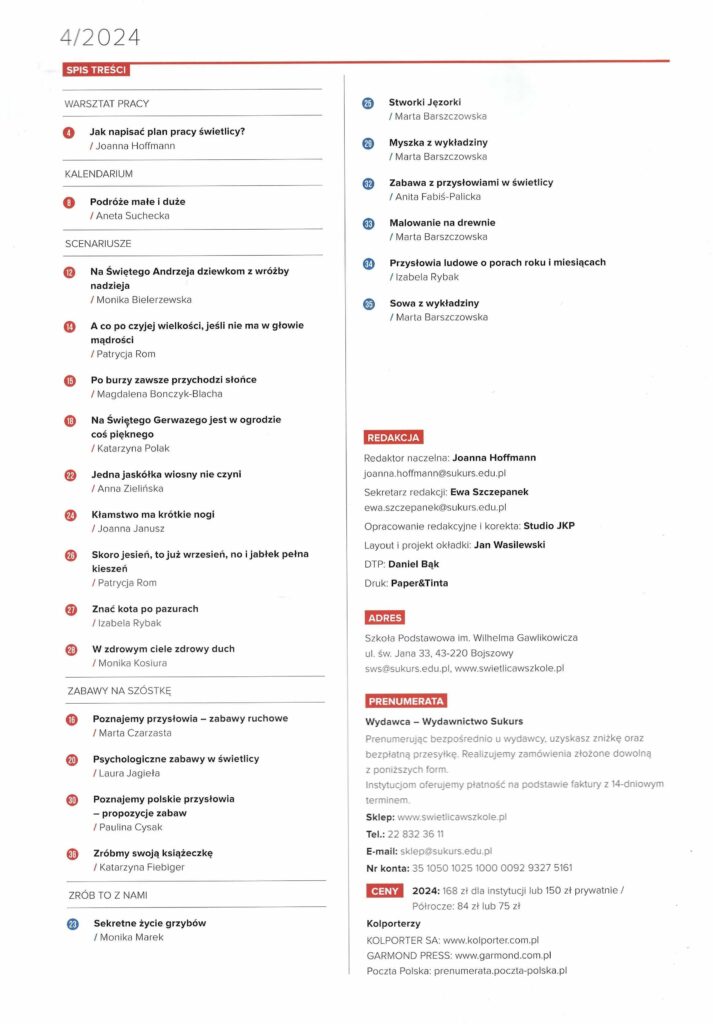 spis treści czasopisma Świetlica w Szkole nr 4/2024
