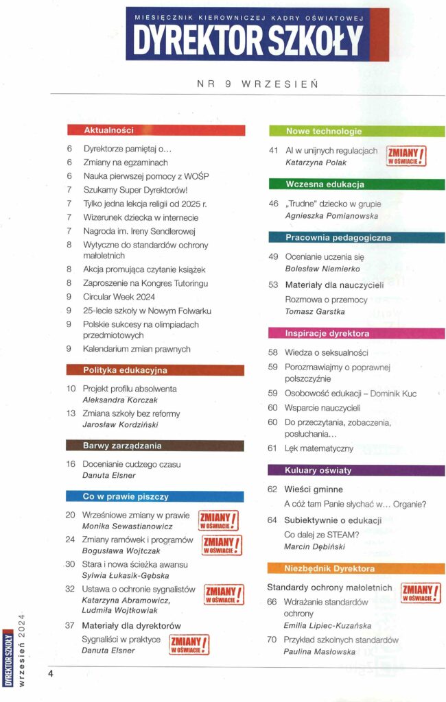 spis treści czasopisma Dyrektor Szkoły nr 9/2024