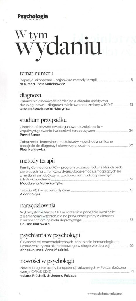 spis treści czasopisma Psychologia w Praktyce nr 5/2024