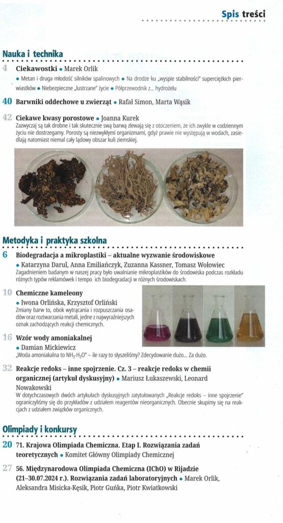 spis treści czasopisma Chemia w Szkole nr 1/2025